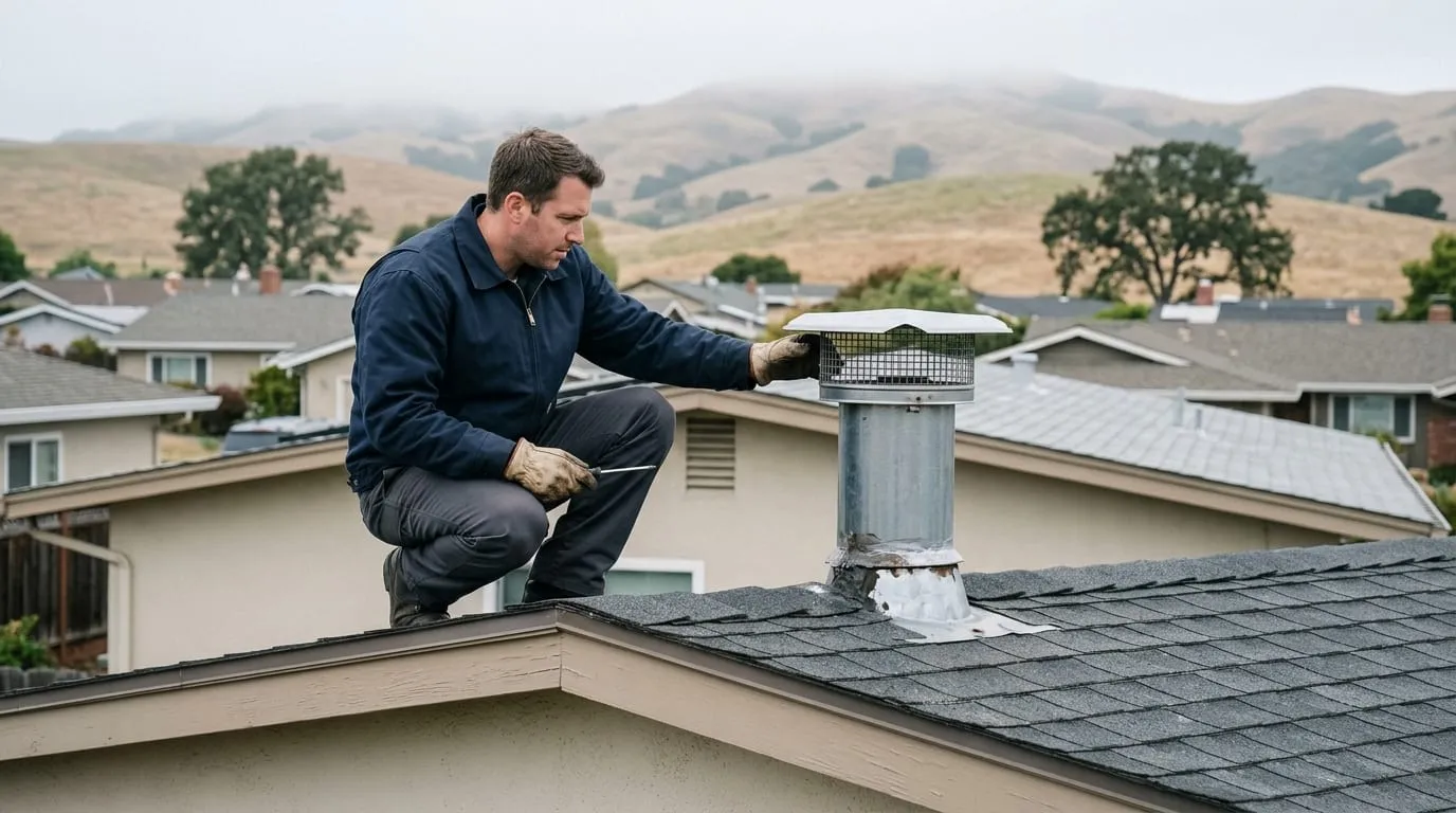 Inspecting a factory-built chimney cap on a postwar tract home roof in Novato, dry grassland hills visible behind