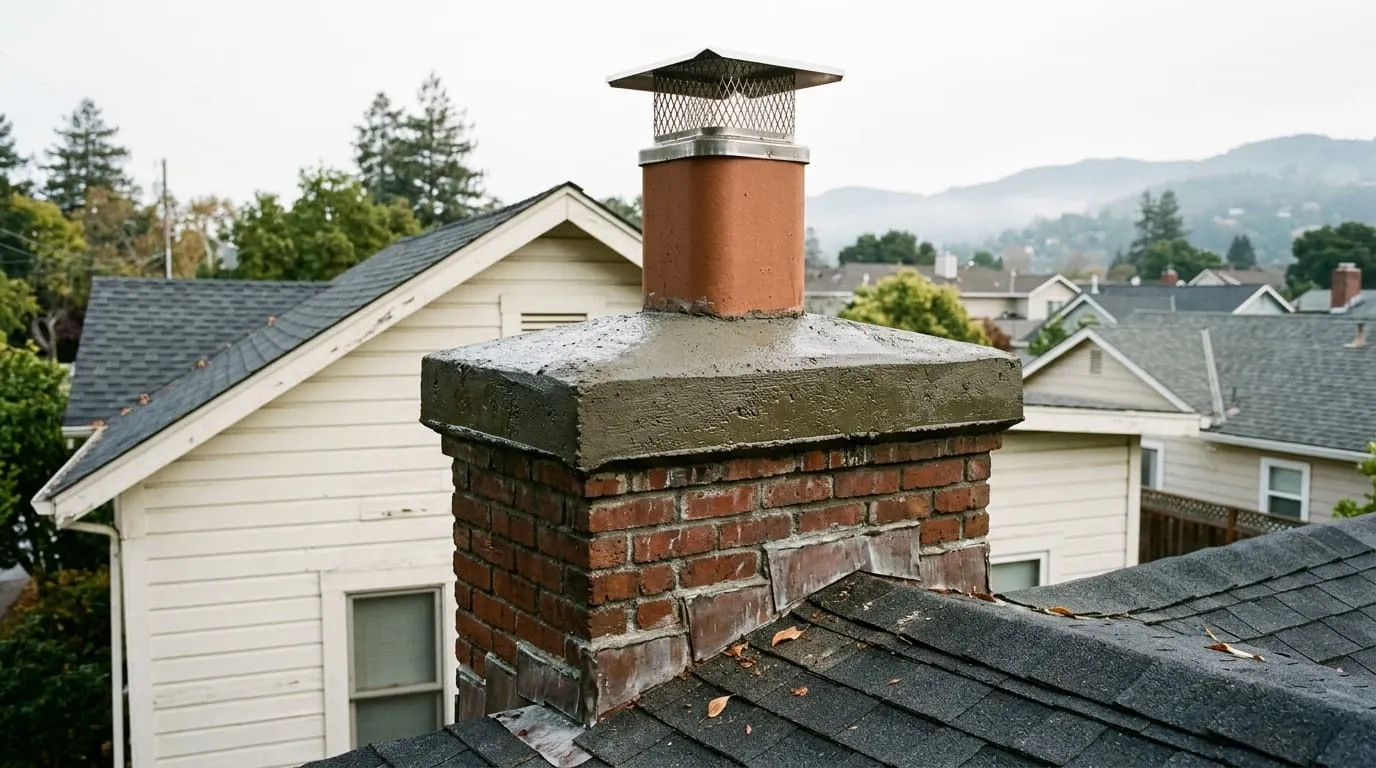 A freshly repaired chimney crown on an early-1900s brick home near downtown San Rafael