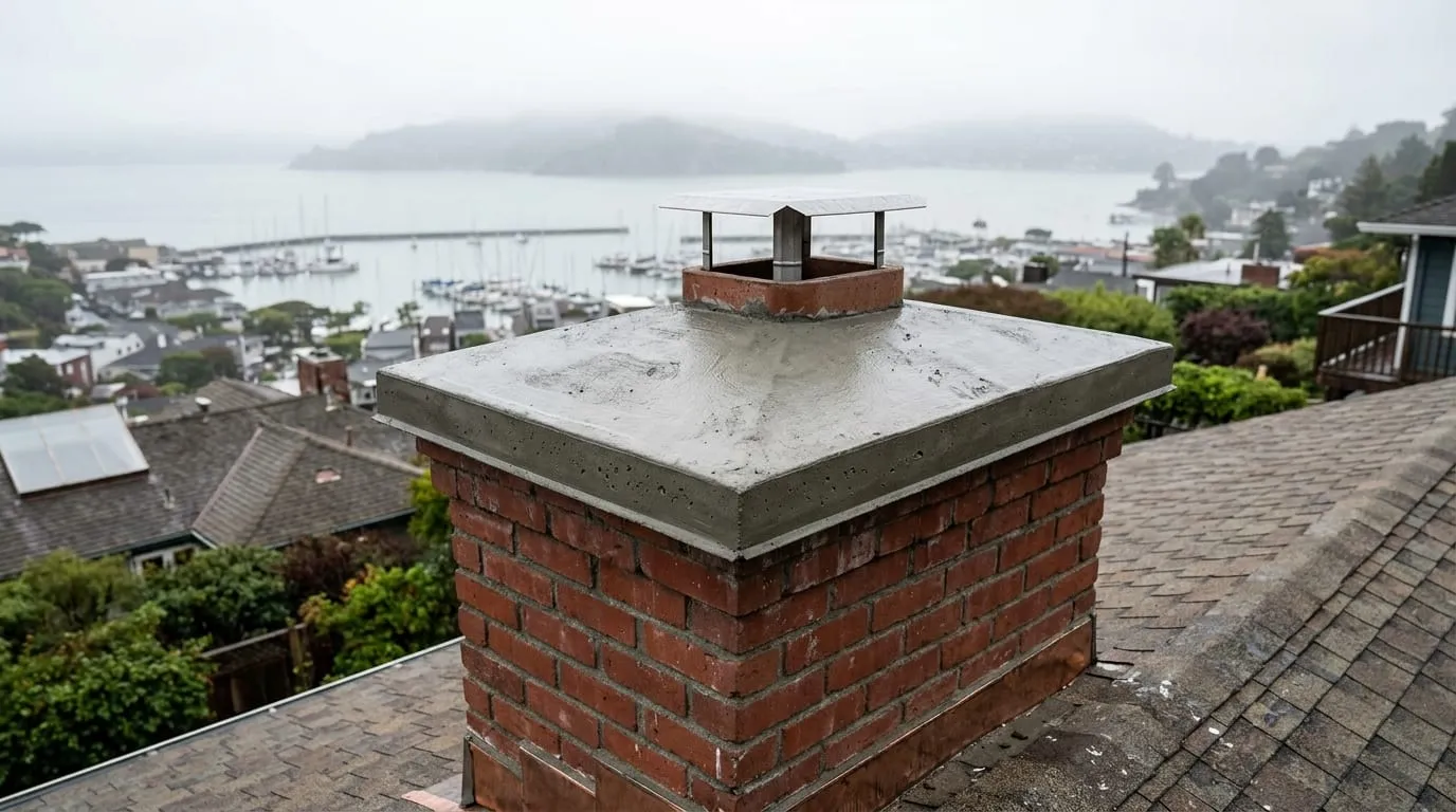 A freshly poured concrete chimney crown with a sloped surface and a drip edge, seen from a Sausalito hillside rooftop with the marine layer in the background