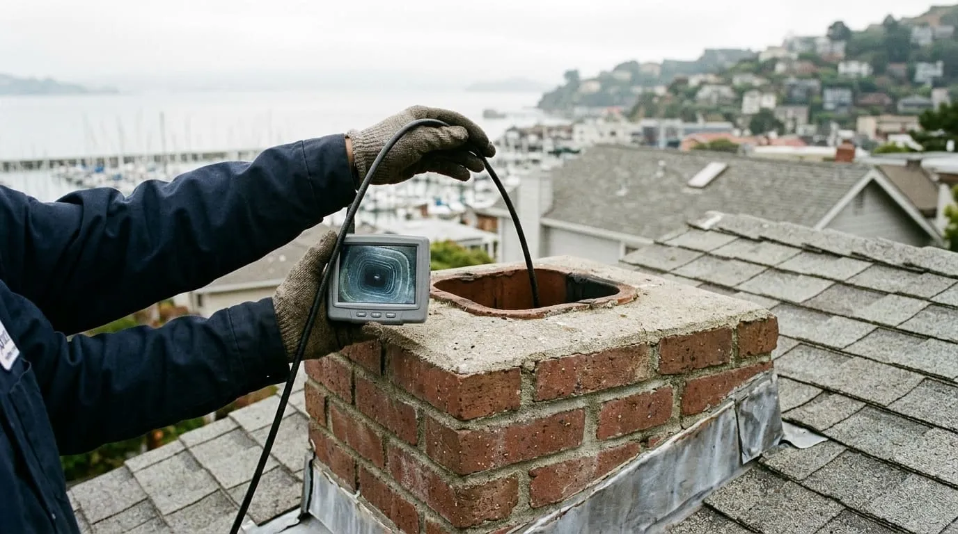 An inspection camera on a flexible rod being fed into a chimney flue in a Sausalito home, monitor screen visible