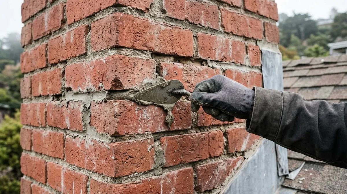 A mason repointing eroded mortar joints on a brick chimney of an older Sausalito hillside home